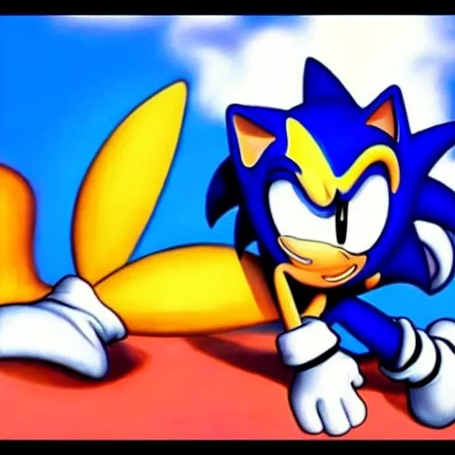 Prompt: Are cartoon white black, 2d, sonic, &, tails, to the left of a cartoon classic white, black, in ( 2 0 0 0 s )