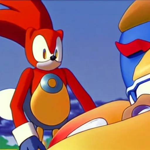 Prompt: beautiful illustration of dr robotnik looking up lovingly at sonic the hedgehog. animation frame from the studio ghibli film by miyazaki.