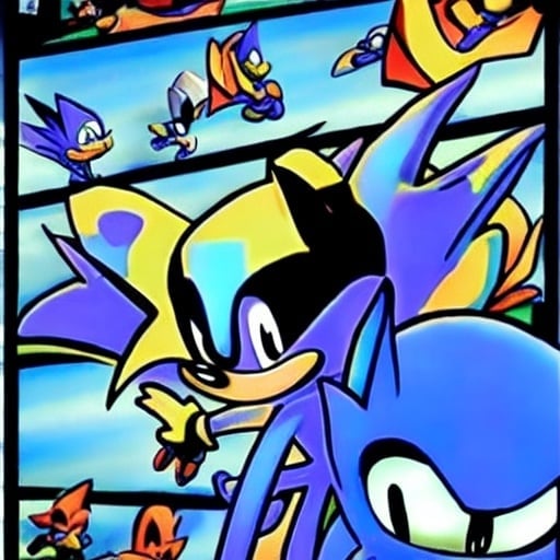 Prompt: sonic but with batman's head. cartoon. high quality. high fidelity.
