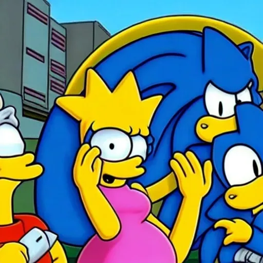 Prompt: Sonic The Simpsons & Homer Simpson why do suit The gun