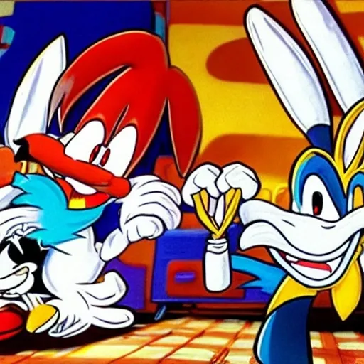 Prompt: roger rabbit Are cartoon white black, 2d, sonic, &, tails, to the left of a cartoon classic white, black, in ( 2 0 0 0 s )