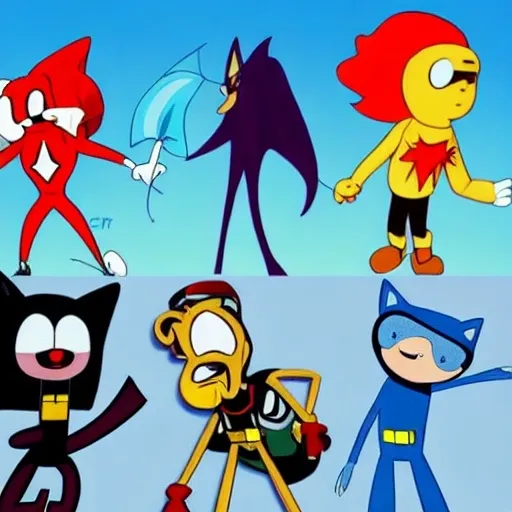 Prompt: Are crossovers overrated? News article. Videogames. Movies. Stock image. Adventure Time. Velma. Bugs Bunny. Shaggy. Batman. Garnet from Steven Universe. Steven Universe. Spider-Man. Sonic, Tails, Michael Jordon.