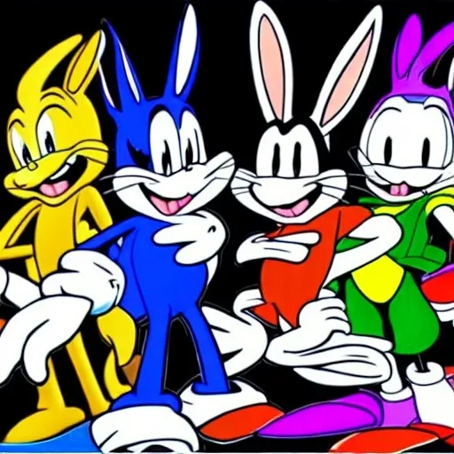 Prompt: Bugs Bunny Are cartoon white black, 2d, sonic, &, tails, to the left of a cartoon classic white, black, in ( 2 0 0 0 s )