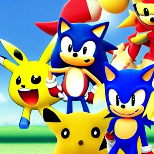 Prompt: Sonic N pikachu playing together with friends having fun