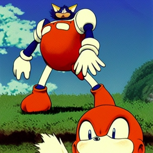 Prompt: beautiful illustration of dr robotnik looking up lovingly at sonic the hedgehog. animation frame from the studio ghibli film by miyazaki.