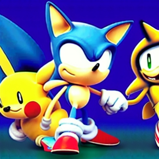 Prompt: Sonic N pikachu playing together with friends having fun