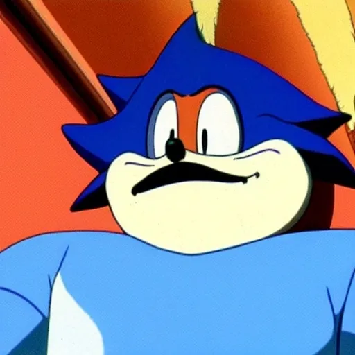 Prompt: beautiful illustration of dr robotnik looking up lovingly at sonic the hedgehog. animation frame from the studio ghibli film by miyazaki.