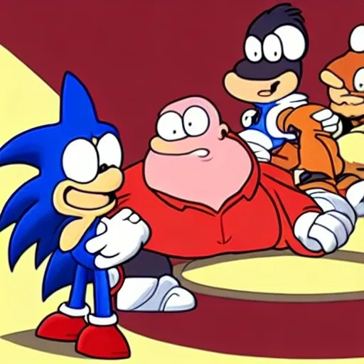 Prompt: sonic family guy from Peter griffin flamethrower, fomenting Nowhere  down on is in a by characters guys in art