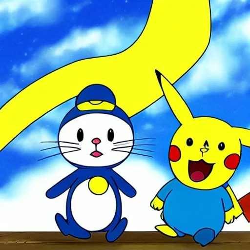 Prompt: doraemon and Pikachu the date the beautiful sky photo digital art