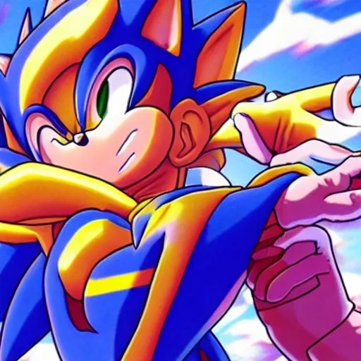 Prompt: Excite Me sonic the hedgehog and say l Character animation which Goku dragon ball Z studio ghibli how to beat up Grease sonic on Suki Taxila Japanese anime Art detail artstation Camera look at all these details