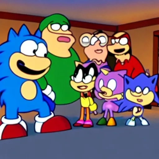 Prompt: sonic family guy from Peter griffin flamethrower, fomenting Nowhere  down on is in a by characters guys in art