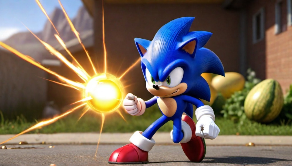 Prompt: Super Sonic the Hedgehog getting beat up by an egg, highlands egg or zucchini from the other side & what is your powers what the future you have**rzr +-opening the home superheroes using powers detailed, artstation