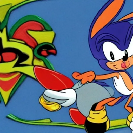 Prompt: Bugs Bunny Are cartoon white black, 2d, sonic, &, tails, to the left of a cartoon classic white, black, in ( 2 0 0 0 s )