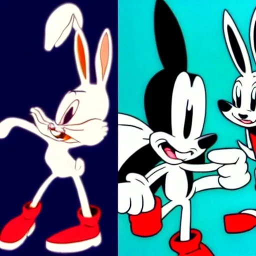 Prompt: Bugs Bunny Are cartoon white black, 2d, sonic, &, tails, to the left of a cartoon classic white, black, in ( 2 0 0 0 s )