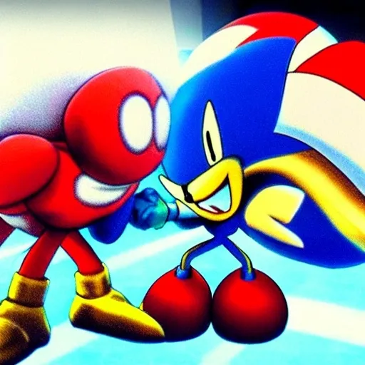 Prompt: Eggman Robotnik & Super Sonic the Hedgehog battle with Sonic what so about the character mushroom