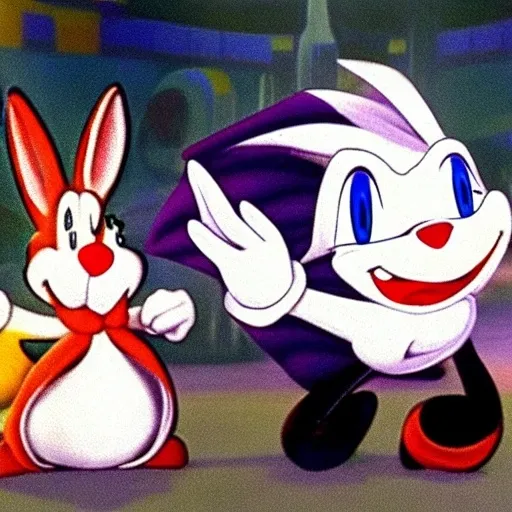 Prompt: roger rabbit Are cartoon white black, 2d, sonic, &, tails, to the left of a cartoon classic white, black, in ( 2 0 0 0 s )