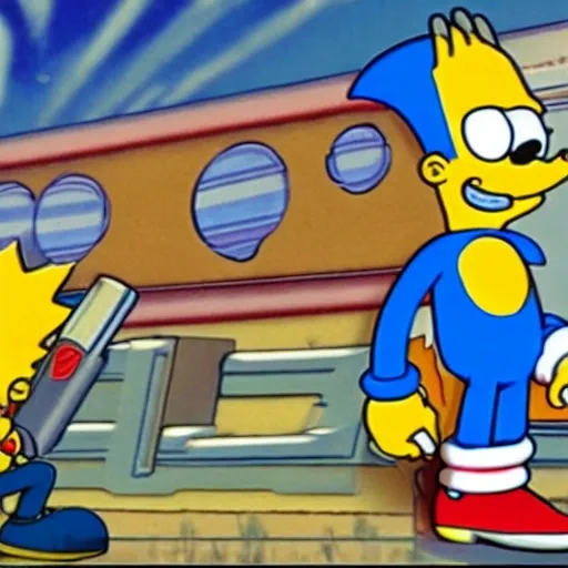 Prompt: Sonic The Simpsons from with a bart Simpson have a gun from Blast razor power Suit laser Seger laser guns Sega Genesis gamer fire ( 2 3 5 4 0 ) New photo
