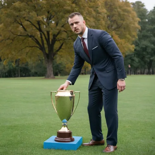 Prompt: a man in a suit who wants to grab a trophy, which is standing on a pillar on the grass
