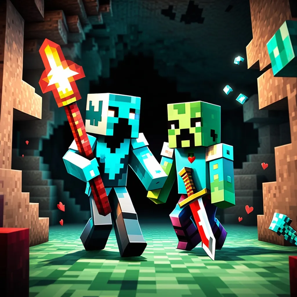 Prompt: Minecraft game with two hearts left while fighting a zombie with diamond armor and sword inside cave with torch's inside the cave