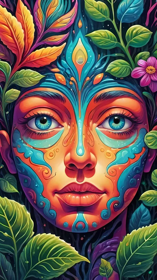 Prompt: Close-up psychedelic illustration of a face, vibrant colors, plants growing from head, detailed features, surreal, imaginative, vibrant colors, mind-bending, trippy, illustrated, close-up, plants, surreal, psychedelic art, detailed, vibrant colors, vibrant lighting