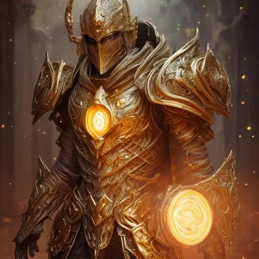 Prompt: Paladin in shining armor with glowing core in the chest, metallic sheen, intricate details, fantasy, high fantasy, intense glow, majestic pose, epic lighting, golden tones, detailed craftsmanship, ethereal, mystical, best quality, highres, ultra-detailed, fantasy, epic, glowing core, majestic, golden tones, intricate details, metallic sheen, intense lighting
