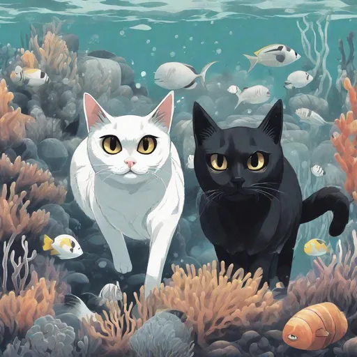 Prompt: a black-and-white cat and a black cat with big eyes snorkeling
