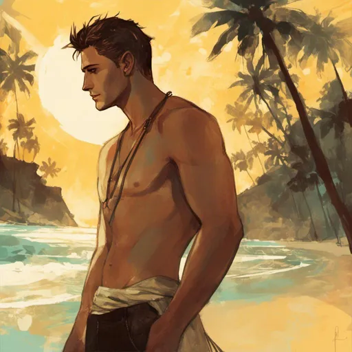 Prompt: Dean Winchester without swimwear on the beach  <mymodel> artstyle