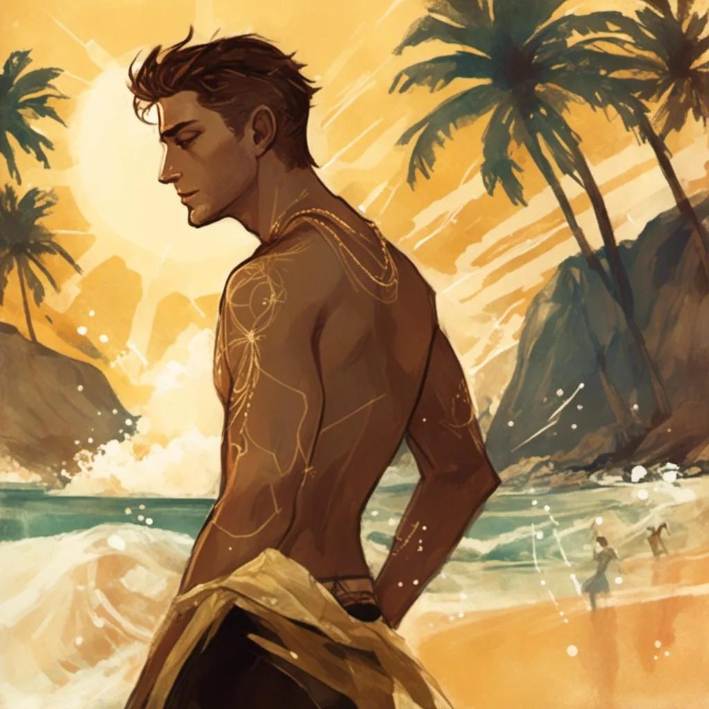 Prompt: Dean Winchester only  swimwear on the beach  <mymodel> artstyle