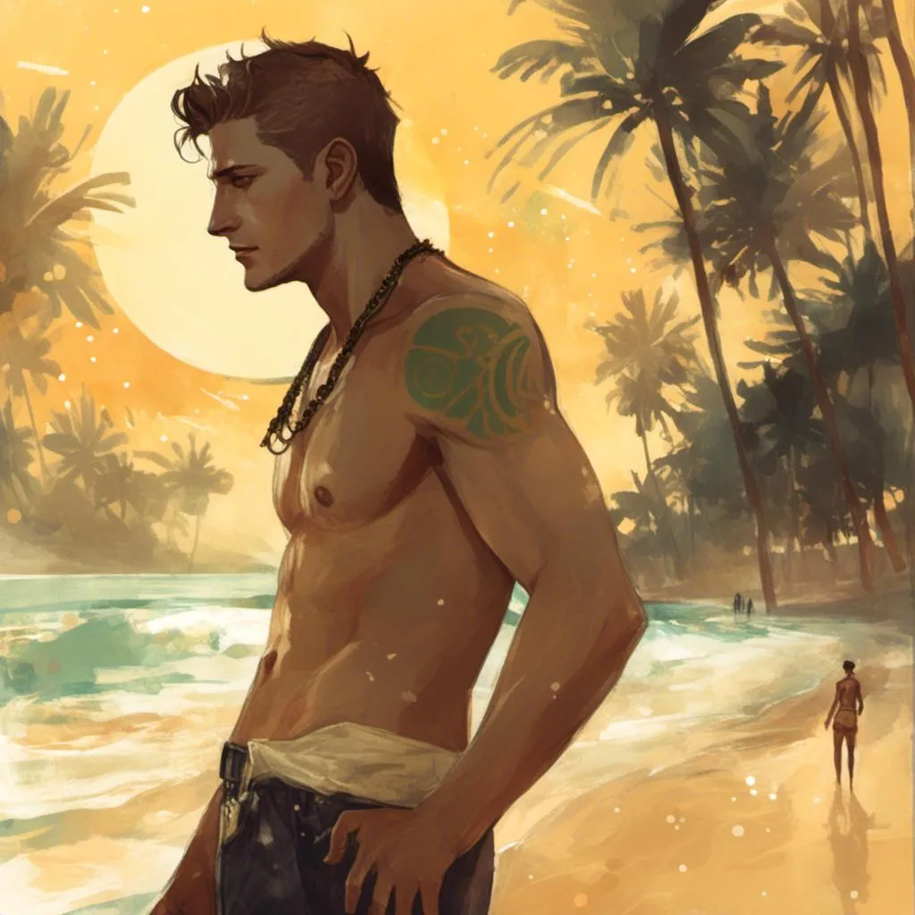 Prompt: Dean Winchester without swimwear on the beach  <mymodel> artstyle