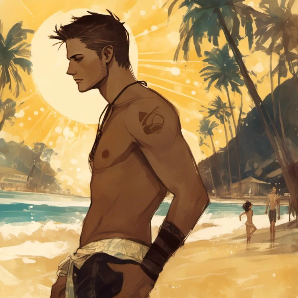 Prompt: Dean Winchester only  swimwear on the beach  <mymodel> artstyle