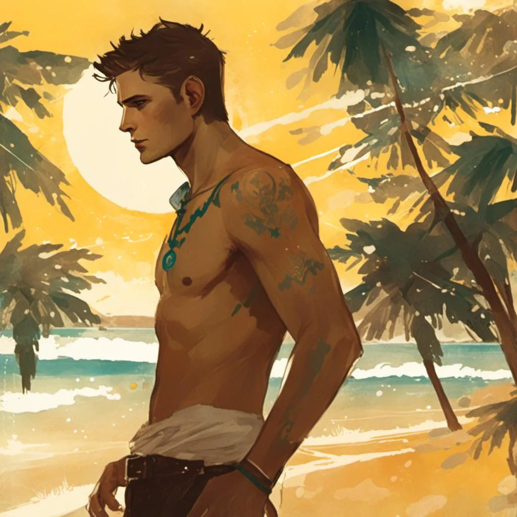 Prompt: Dean Winchester without swimwear on the beach  <mymodel> artstyle