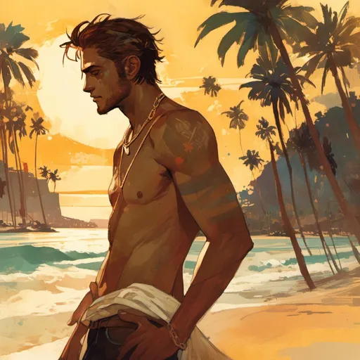 Prompt: <mymodel>(dean winchester on the beach), (relaxed pose), sun-kissed skin, warm golden hour lighting, soft waves lapping at the shore, vibrant sunset colors blending seamlessly in the sky, casual summer attire, full of depth and emotion, picturesque backdrop of palm trees, playful shadows, high quality, ultra-detailed, inviting and nostalgic ambiance.