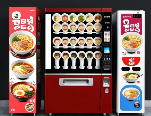 Prompt: Korean buldak ramen with different flavour vending machine with hot water cooking machine and stack of bowl,spoon stand,chopstick stand on side of machine