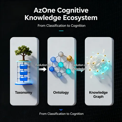Prompt: Professional / Technical Version for Designer or AI Model

Design a 3D conceptual diagram showing the transformation of the AzOne Knowledge Architecture from a static classification system to a dynamic cognitive ecosystem.
The diagram should include three main blocks or layers arranged from left to right:
 1. Taxonomy (Structure) → 2. Ontology (Meaning) → 3. Knowledge Graph (Intelligence)
Visually represent each stage:
Taxonomy: a vertical tree, folders, or data hierarchy.

Ontology: interlinked circles or a semantic network overlay.

Knowledge Graph: a glowing neural web or AI network, with moving data points.

Add directional flow arrows connecting each stage, labeled “Evolution of Knowledge.”
 Include subtle gradient transitions symbolizing transformation and learning.
Style: clean, futuristic, corporate.
 Colors: neutral base (white/gray), accent colors in blue, cyan, and gold.
 Use smooth vector shapes, light shadows, and clear labels.
Optional annotation:
“From Classification to Cognition”

“AzOne Cognitive Knowledge Ecosystem”