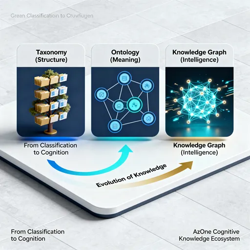 Prompt: Professional / Technical Version for Designer or AI Model

Design a 3D conceptual diagram showing the transformation of the AzOne Knowledge Architecture from a static classification system to a dynamic cognitive ecosystem.
The diagram should include three main blocks or layers arranged from left to right:
 1. Taxonomy (Structure) → 2. Ontology (Meaning) → 3. Knowledge Graph (Intelligence)
Visually represent each stage:
Taxonomy: a vertical tree, folders, or data hierarchy.

Ontology: interlinked circles or a semantic network overlay.

Knowledge Graph: a glowing neural web or AI network, with moving data points.

Add directional flow arrows connecting each stage, labeled “Evolution of Knowledge.”
 Include subtle gradient transitions symbolizing transformation and learning.
Style: clean, futuristic, corporate.
 Colors: neutral base (white/gray), accent colors in blue, cyan, and gold.
 Use smooth vector shapes, light shadows, and clear labels.
Optional annotation:
“From Classification to Cognition”

“AzOne Cognitive Knowledge Ecosystem”
