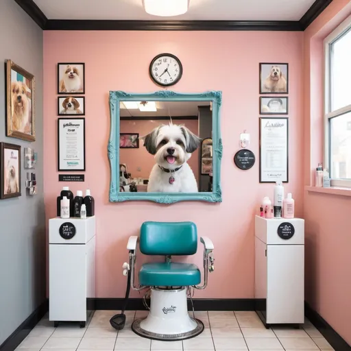 Prompt: a pet groomer salon with a squared frame on the wall