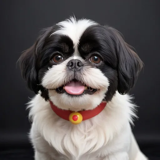 Prompt: Create a digital illustration of a black and white Shih Tzu with a unique facial hair pattern that resembles a clown's makeup. The dog's face should be predominantly white, with black patches and stripes resembling a clown's nose, mouth, and eyebrows. The hair around the dog's eyes should be styled to look like white eyeliner, with black hairs forming the shape of a smile and eyebrows. The overall effect should be whimsical and playful, capturing the essence of a clown's makeup without being too realistic. The background of the illustration can be a simple white or cream color to let the dog's features take center stage