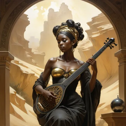Prompt: A <mymodel> a concept environment art landscape  

of a gloomy and somber 
canyon

with ,african musical instruments from uganda 

made of black marble and  golden lustrous ornaments 

with it's reflections shedding flaring volumetric light shafts throughout the darkness 

of threatening sinister wasteland dunes engulfed by a sandstorm

, a stunning Alphonse Mucha masterpiece in delicate barroque rococo artstyle by Anders Zorn and Joseph Christian Leyendecker 

, neat and clear tangents full of negative space 

, ominous dramatic lighting with detailed shadows and highlights enhancing depth of perspective and 3D volumetric drawing

, colorful vibrant painting in HDR with shiny shimmering reflections