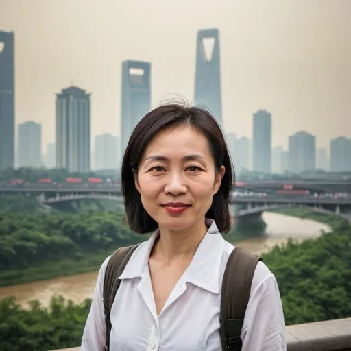 Prompt: a forty-something Chinese woman standing in front of Chengdu background
