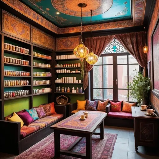 Prompt: where people sit and drink tea and herbal teas with magical colorful and mysterious Persian designs. also with a modern tea cafe vibe. with a cupboard with glass doors and tea bags in shelves