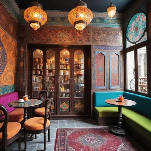 Prompt: where people sit and drink tea and herbal teas with magical colorful and mysterious Persian designs. also with a modern tea cafe vibe. with a cupboard with glass doors 