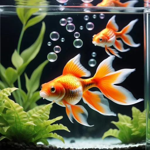 Prompt: goldfish swimming in aquarium with plant and bubles from aerator