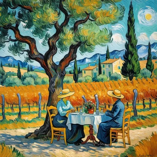 Prompt: In the distance, the Artist Van Gogh in a hat is having lunch with a lady in Provence, under a tree near the vineyards and cypresses, impressionism style format 3 4