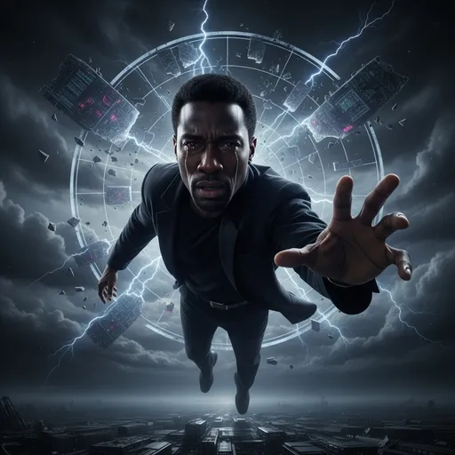 Prompt: Show a black neo falling out the sky crying looking the camera trying to get his hand grabbed but can’t,  it’s slow motion and sad, the in the background, matrix’s birth chart is being cracked and neo is in defeat 