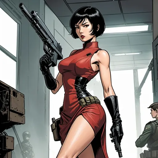 Prompt: An advanced artificial intelligence is observing a female commando.  With short black hair and a long red dress, she is advancing in a ready and eager manner.  Her hand is holding a short glove and black high-heeled boots are moving steadily.  In his hand is a professional handgun, ready to use for any mission.  He is like ada wong .comic book