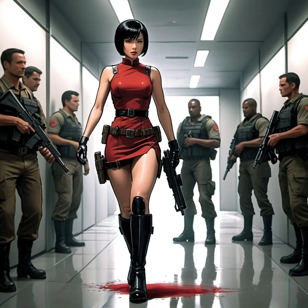 Prompt: An advanced artificial intelligence is observing a female commando.  With short black hair and a long red and black dress, she is advancing in a ready and eager manner.  Her hand is holding a short glove and black high-heeled boots are moving steadily.  In his hand is a professional handgun, ready to use for any mission.  He is like ada wong .comic book