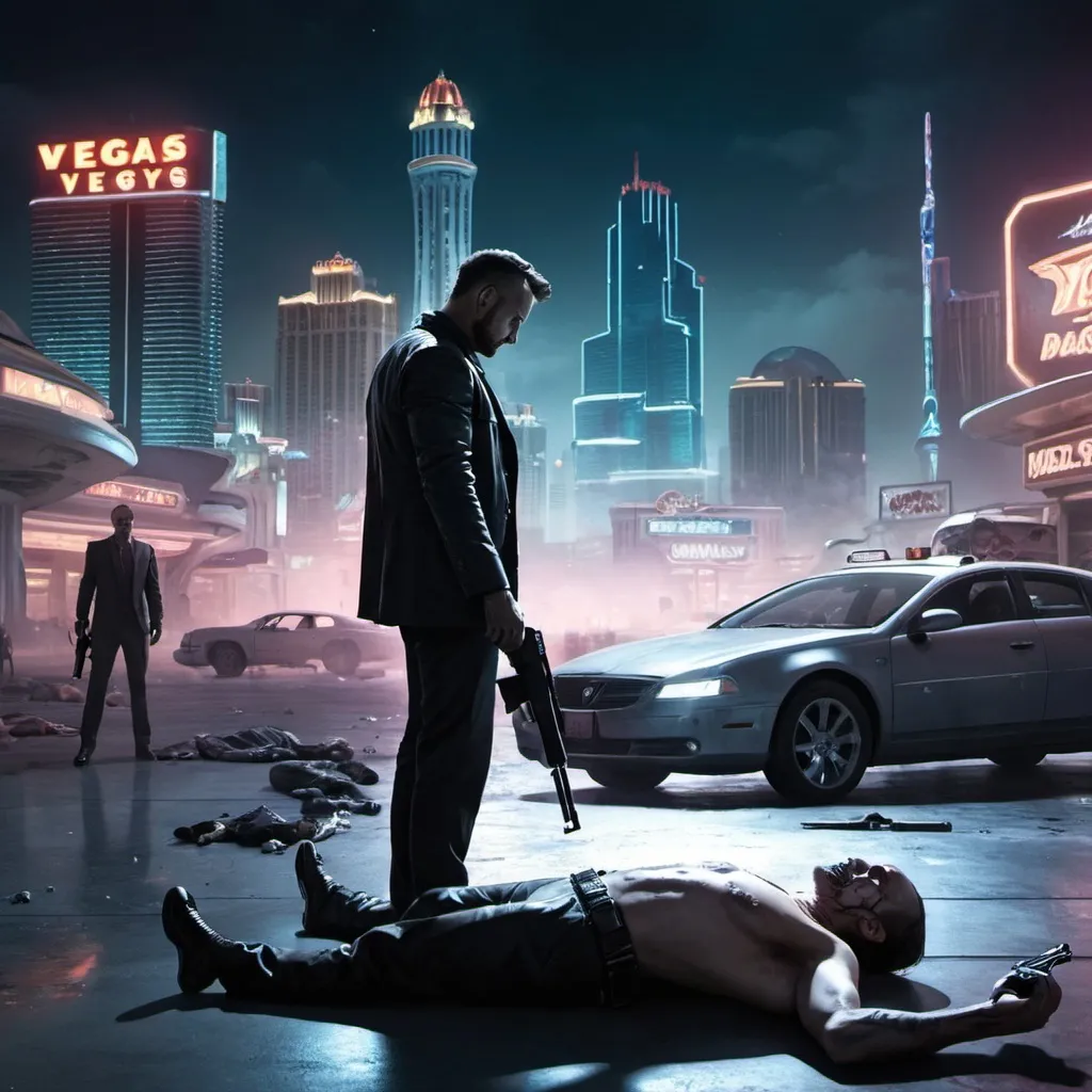 Prompt: man standing over a dead man's body in a futuristic vegas city at night with a gun in his hand.