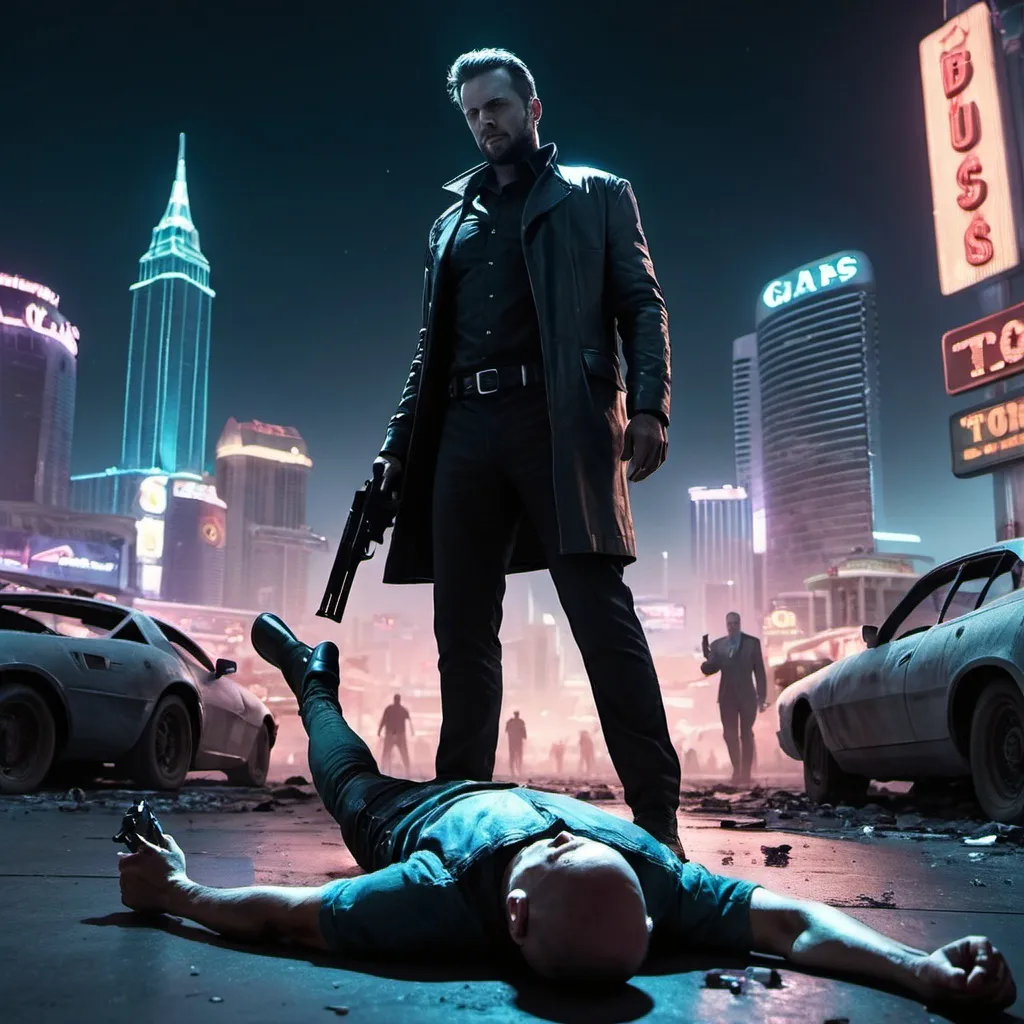 Prompt: man standing over a dead man's body in a futuristic vegas city at night with a gun in his hand.