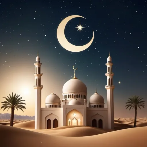 Prompt: Create an elegant and festive Eid al-Adha ad featuring a mosque with a small crescent moon or a mosque in a desert. Let there be small stars and a beautiful sky. NO WRITING



