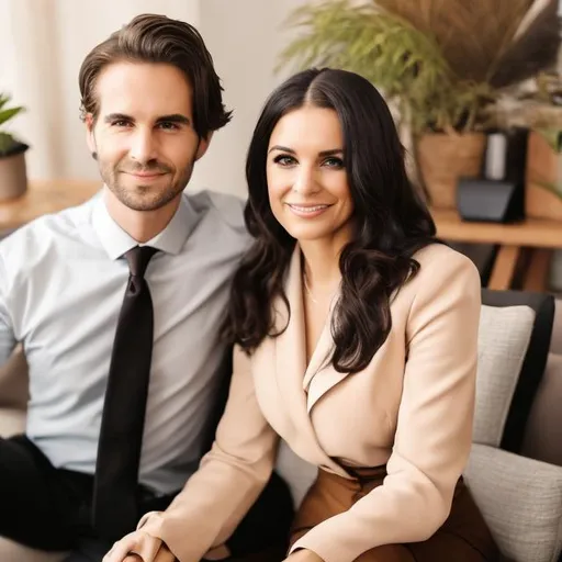 Prompt:  thriving and accomplished 
successful business couple, mid 30, him brown hair, her black hair, brown eyes, well dress
